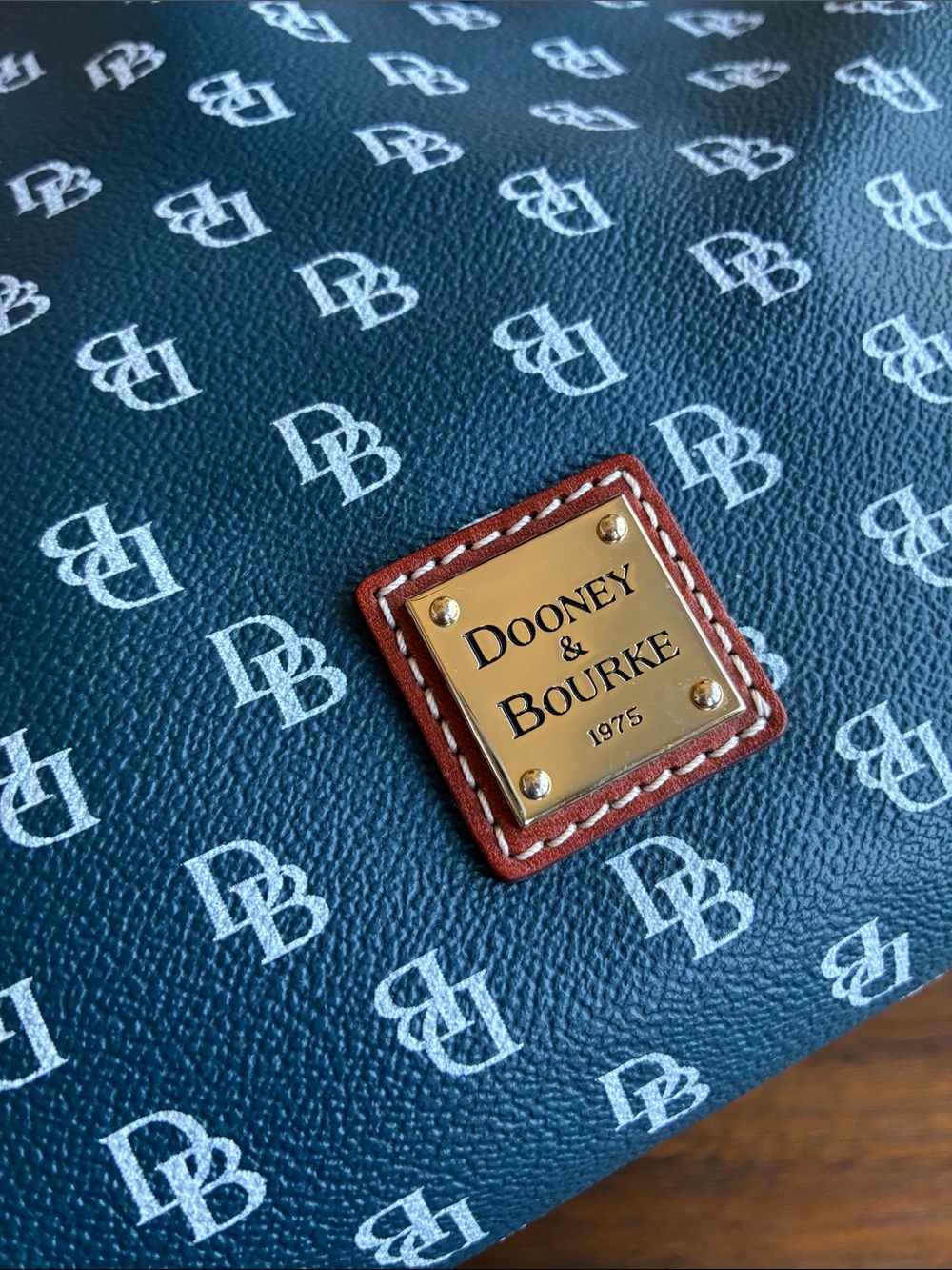 Dooney & Bourke Large Signature Monogram Zip Satchel Navy Blue & White Leather - Picture 6 of 16